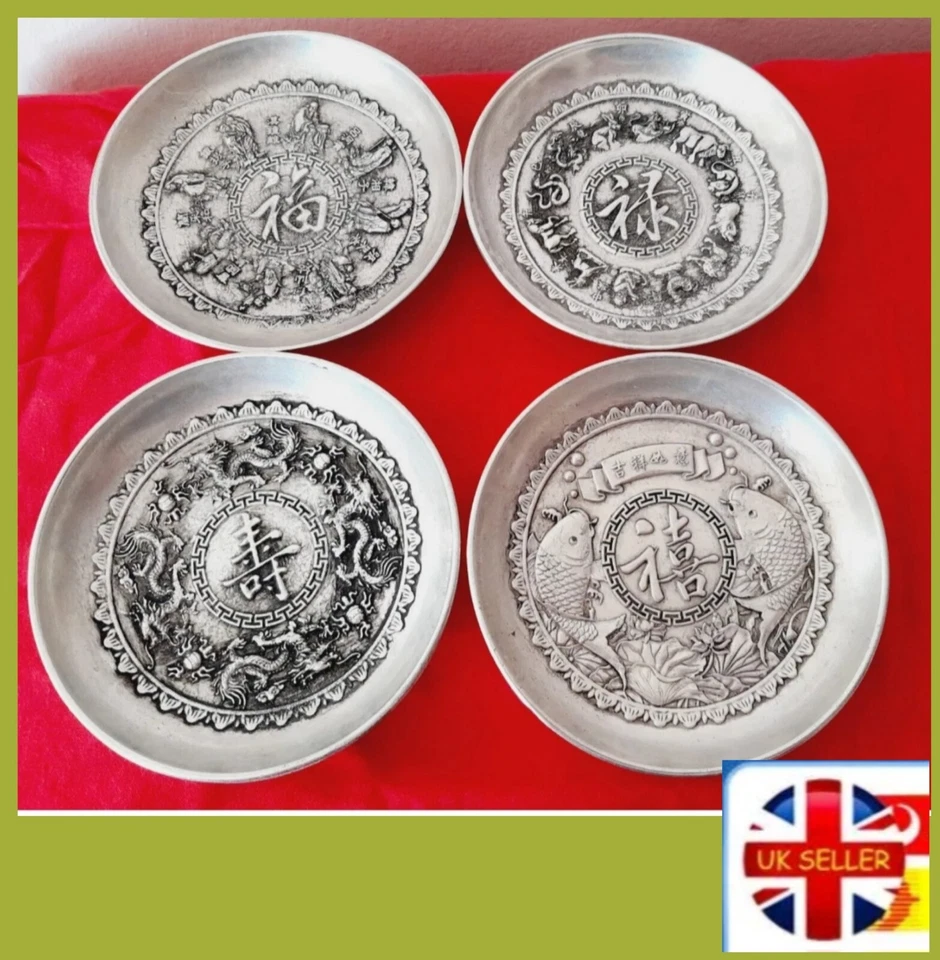 4 Chinese Little Silver Plates-Mythical/Dragon/Fortune/Longevity-福禄寿禧.D-9cm,430g - Image 1 of 4