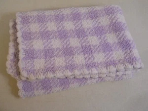 Pickles Baby Blanket soft chenille lavender purple white squares scalloped trim - Picture 1 of 3