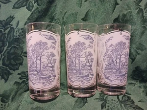 Set Of 3 Currier & Ives Glasses Blue on Frosted White Old Grist Mill 12oz - Picture 1 of 5