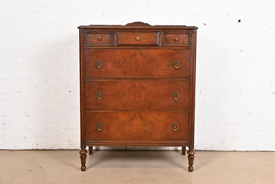 Landstrom French Regency Louis XVI Carved Burled Walnut Highboy Dresser, 1940s - Image 1 of 4