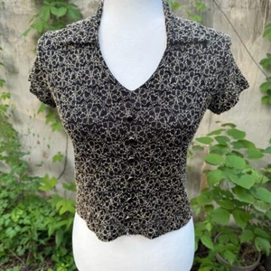VTG Y2K Brown Sheer Top S Fairy Grunge Romantic Goth Button 90s Cropped Fitted - Picture 1 of 8