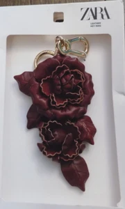 Zara Flower Burgundy Tooled Leather raised 7" Detailed cut Gold Clip Keychain - Picture 1 of 5