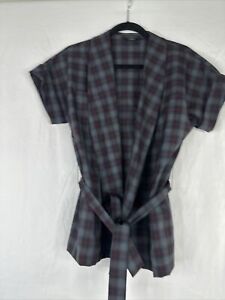 Pendleton Wool Top Womens Size S Gray Red Plaid Open Front Tie Short Sleeve USA
