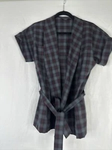 Pendleton Wool Top Womens Size S Gray Red Plaid Open Front Tie Short Sleeve USA - Picture 1 of 13