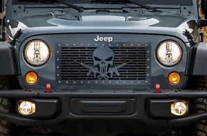 Custom Aftermarket Steel Grille Kit for 2007-16 Jeep Wrangler SKULL N GUNS Black - Bild 1 von 3
