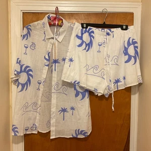 Beginning Boutique Shirt & Shorts Set Oakley Blue Pattern Sz XL NWT Cotton Sheer - Picture 1 of 17