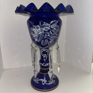 Antique Cobalt Glass Mary Gregory Mantle Lustre Bohemian Cut w/ Crystal Drops - Picture 1 of 14