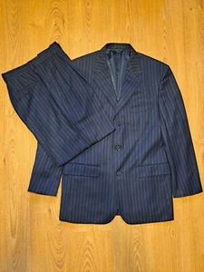 3 BUTTON Fellini Uomo 2 Piece Suit Mens 44L Pants 30x29 Navy Pin Striped Long - Picture 1 of 15