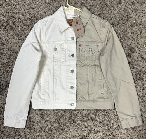 OFF WHITE Giubbotto piumino donna Levis taglia M beige bianco sporco colorblock denim con bottoni nuovo