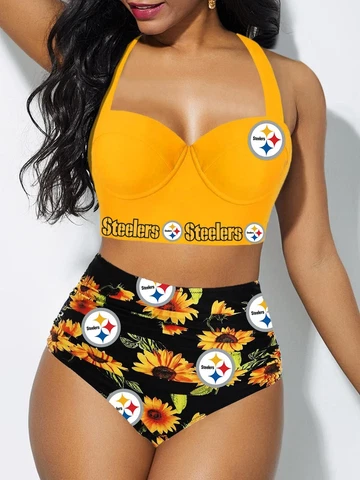Pittsburgh Steelers 2PCS High Waist Bikini Set Womens Halter Low Cut Swimsuit Cover