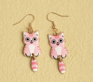 Boucle D'oreille Petit Chat Queue Amovible, Rose Et Blanc, Neuf - Picture 1 of 1