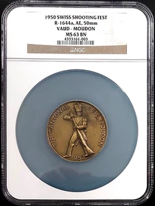 1950 Swiss Shooting Medal, R-1644a, AE, 50 mm, Vaud-Moudon, NGC MS 63 BN! - Picture 1 of 6