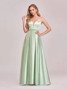 Mint Green, Deep V Neck A-Line Satin Dress with Spaghetti Straps SIZE 16 - Picture 1 of 5