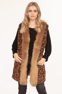 Anthropologie Style Boho Leopard Animal Print Faux Fur Trim Pocket Vest Cardigan - Picture 1 of 7