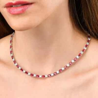 30 Ct Created Oval Ruby & Diam 14K White Gold Plated Tennis Women's Necklace 18" - Image 1 of 4