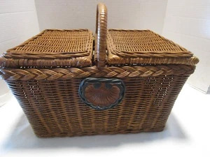 vintage Wicker wood frame basket metal hinges 2 lids storage carved décor 18.5"W - Picture 1 of 17