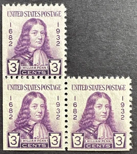 US 1932 Sc# 724 Partial Block of 3 MNH William Penn 250th Anniv. Arrival - Picture 1 of 2