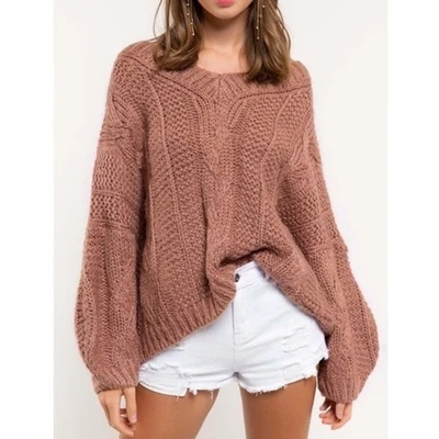 POL Mauve Brown V Neck Cable Knit Oversized Chunky Knit Sweater Womens S/M/L/XL - Image 1 of 4