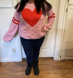 Women’s Heart Print Knit Sweater, Long Sleeve, Crew Neck - Valentines - Picture 1 of 4
