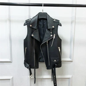 Lady Black Punk Faux Leather Waistcoat Biker Gilet Sleeveless Jacket Biking Chic - Picture 1 of 9