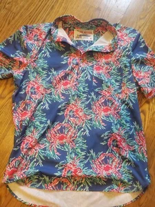 The Nutters By Chubbies 1/2 Button Up Down Blue Shirt Red Crabs Hawaiian Mens M - Picture 1 of 4