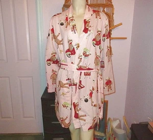 Nick & Nora Flannel Sock Monkey Robe Size XL Cozy Fleece Lined Pockets Bake Bowl - Picture 1 of 11