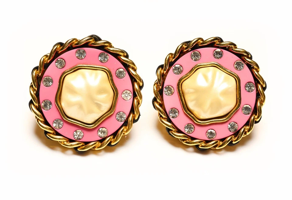 Pendientes de cadena vintage Chanel Paris otoño 1991 resina rosa perla cristal cuero Foto 1 de 4