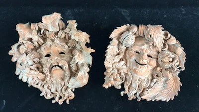 Pr VTG Perseo Italy Terra Cotta Mask Mascaron Green Man Comedy & Tragedy Harvest - Image 1 of 4
