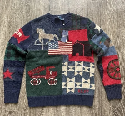 Polo Ralph Lauren Suéter Patchwork M Azul Marinho Mix Bandeira Gola Redonda 100% Lã $998 - Imagem 1 de 4