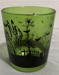 Halloween Green Glass Votive Candle Holder Cemetery Zombies (1) - Picture 1 of 6