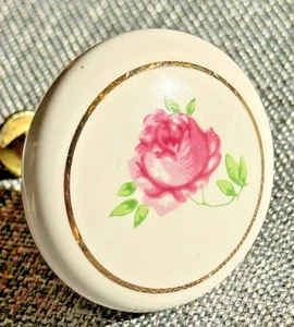 Vintage Porcelain Drawer Pull - Pink Rose With Gold Trim - Picture 1 of 4