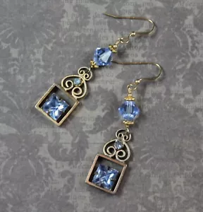 Handcrafted Vintage Baby Blue Rhinestone and Crystal Gold Pierced Drop Earrings - Picture 1 of 5