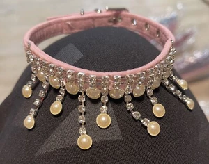 Pink Sparkling Rhingstones & Pearl Puppy Kitten Collar Suede Size L 37cm - Picture 1 of 5