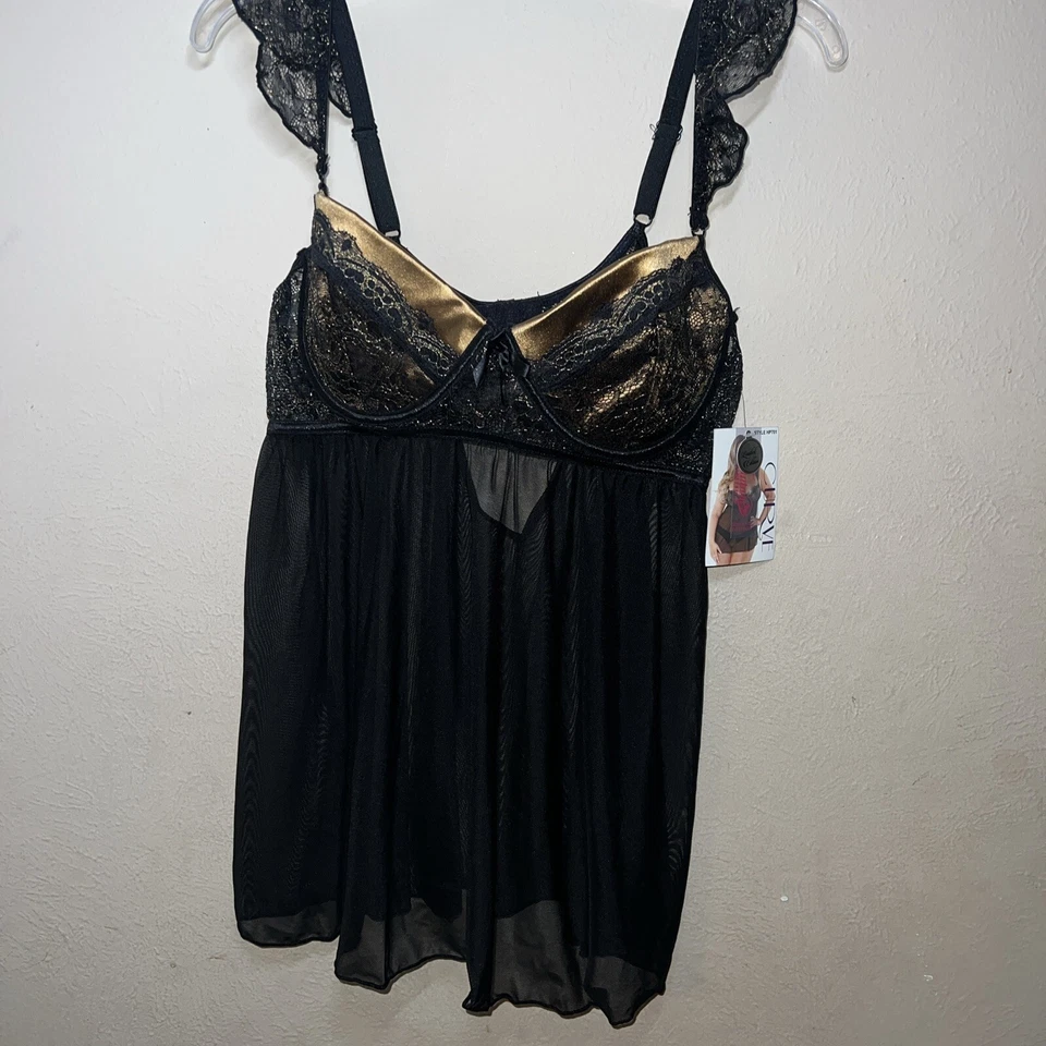 Lencería Fantasía Talla 1x/2x Babydoll Camisón Vestido Negro Dorado Lazo Foto 1 de 4