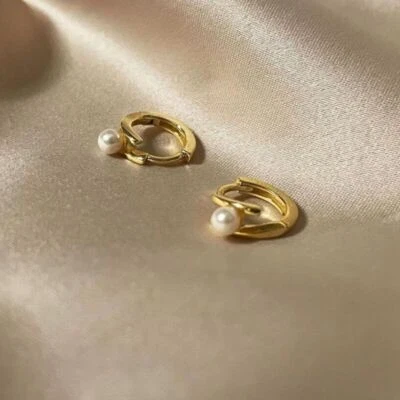 Woman 14K Gold Plated Pearl Huggie Hoop Earring Stud Ear Clip on - Image 1 of 4