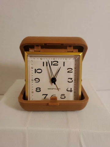 Vintage WESTCLOX Travel Alarm Clock Windup Analog Brown Hard Plastic Case -Works Cover