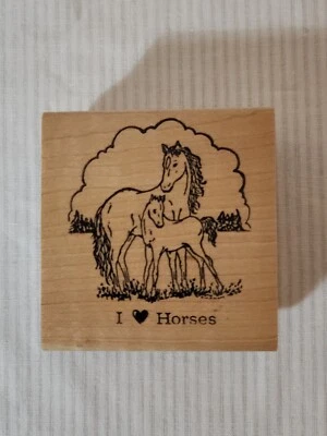 Vintage Hampton Art Stamps 1998 I Love Horses Mother With Colt Rubber Stamp Foto 1 de 4
