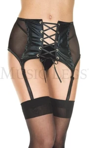 MUSIC LEGS Ribbon Lace Up Wetlook and Mesh Garterbelt Black One Size - Bild 1 von 1