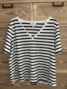 COS Black White Stripe Cotton V Neck T-Shirt Top Size Large 100% Cotton - Picture 1 of 2