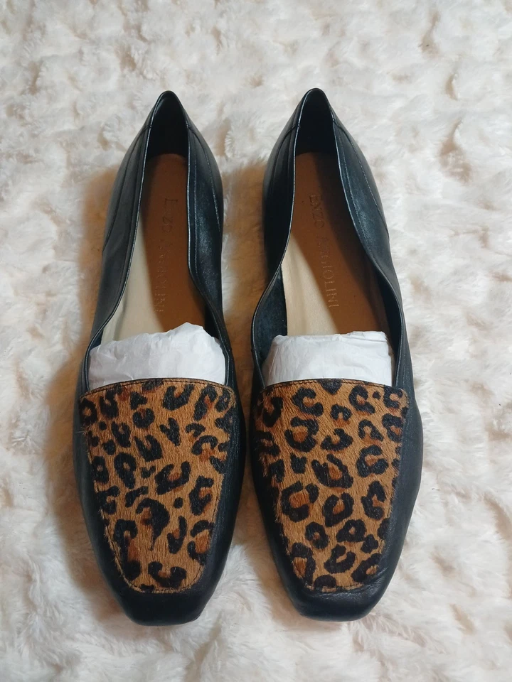 Enzo Angiolini "Rich" Mujer Cuero Negro Sin Cordones Planos Piel Leopardo Puntera Talla 11 Foto 1 de 4