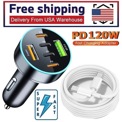 120W Super Fast Charging USB Type C Car Charger For Samsung iPhone Android Phone - Image 1 of 4