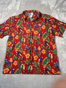 RJC Hawaiian Shirt Mens XL Red Floral Parrot Pocket All Over Print - Ships Free - Picture 1 of 9
