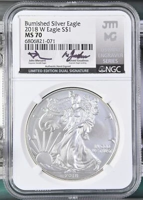 2018 W Eagle Burnished Silver Eagle S$1 MS70 Dual Signature Mercanti Gaudioso - Image 1 of 3