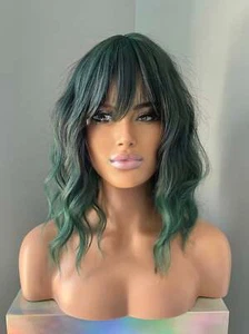 Short Green Wig with Bangs, Wavy 14 Inch Dark Green Wig Costume Cosplay - Picture 1 of 9