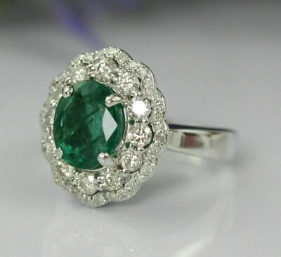 3Ct Oval Green Lab created Emerald Halo Engagement Ring 14K White Gold Plated - Image 1 of 4
