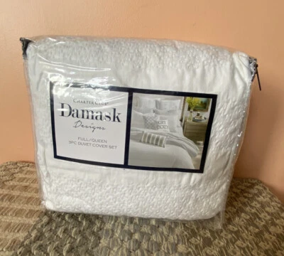 Charter Club Damask Collection 3 pc Full/Queen Duvet Cover Set White MSRP $215.@ - Image 1 of 4
