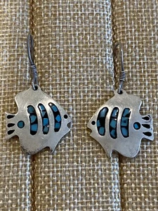 Vintage Sterling Silver 925 Taxco Fish Turquoise Chip Inlay Earrings - Picture 1 of 4