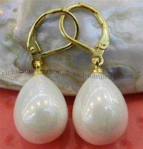 Pretty 12x16mm White South Sea Shell Pearl Drop Beads Dangle Leverback Earrings - Picture 1 of 6