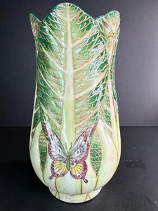 Antique Inspired Chinese Cabbage Leaf & Gilt Butterfly Vase - 10" - Picture 1 of 10
