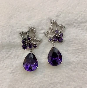 Amethyst & Marquesite /Diamonds/Sterling/Tear Drop Womens Earrings -NWOT- - Picture 1 of 2
